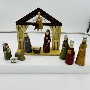Vintage S’mores Original Handmade Wooden Nativity Set Of 10 Folk Art Style